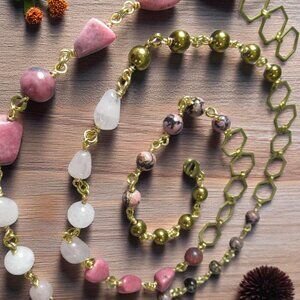 Rose Quartz Double Wrap Necklace, Rose Quartz and Rhodonite, Hexagon Chain